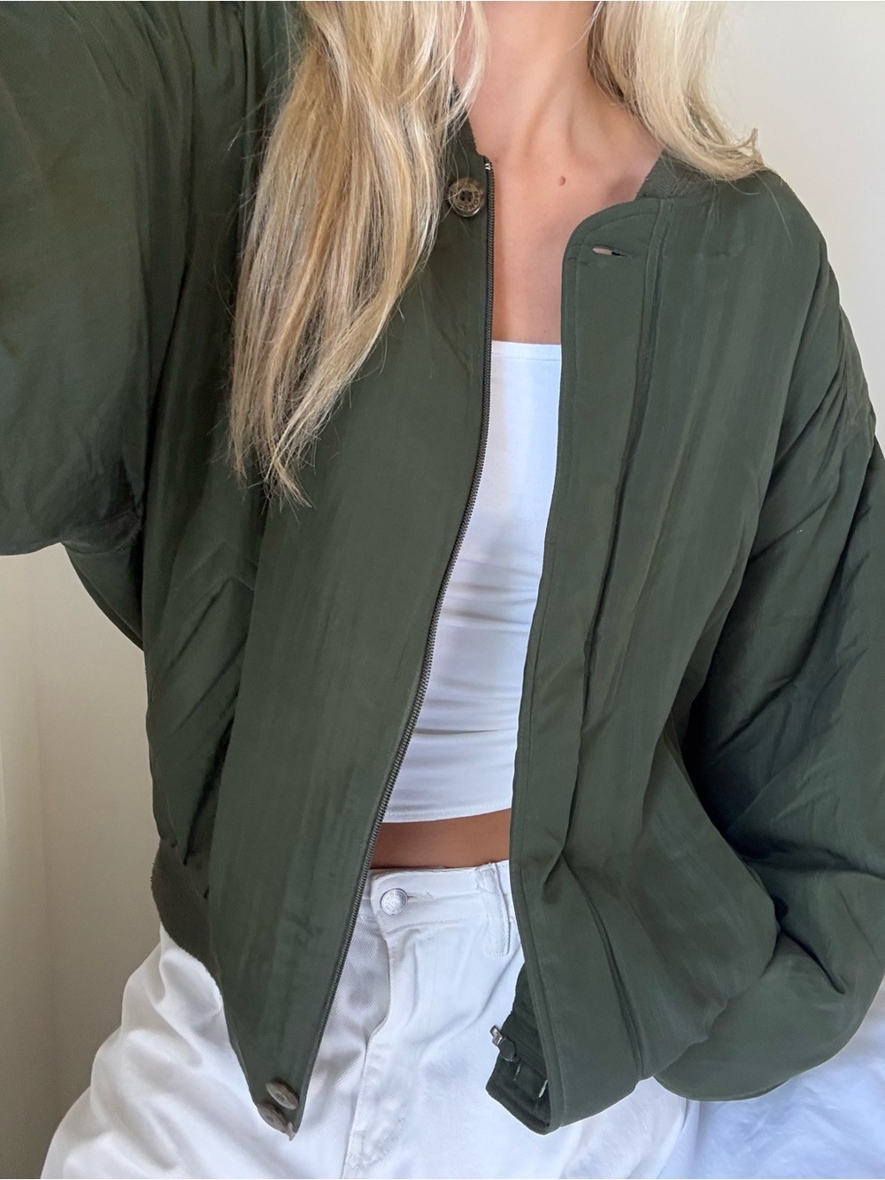 Vintage 100% silk green bomber jacket oversized